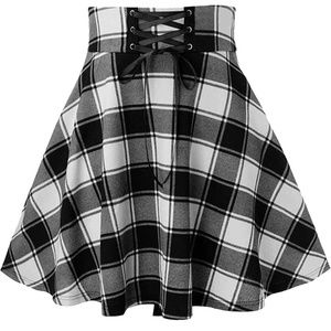 Versatile Lace Up High Waist Plaid Mini Skater Skirt : Black and White